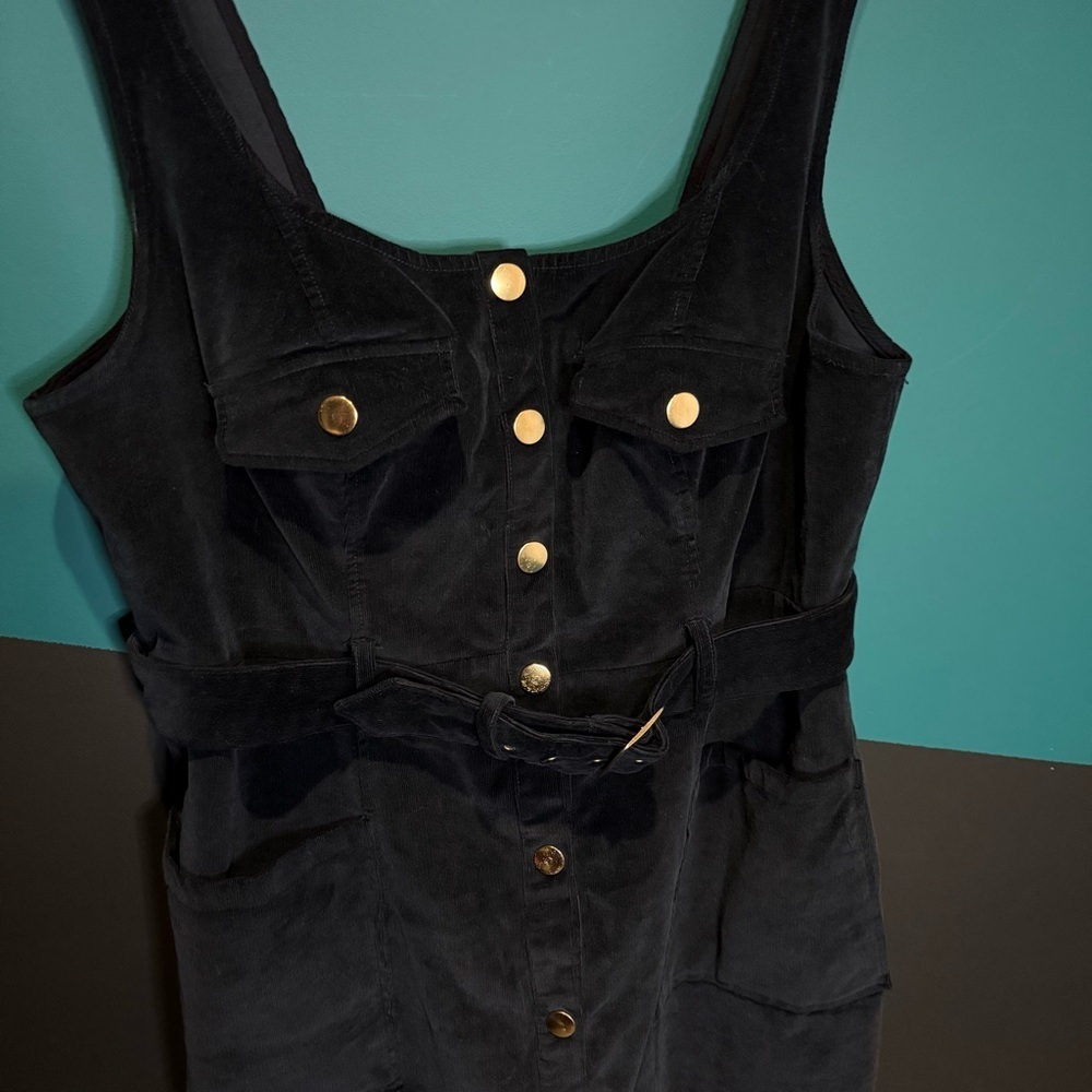 Maeve Anthropologie Corduroy Navy Blue Slim Pinafore Midi Dress size 16 W Preppy - Picture 6 of 15